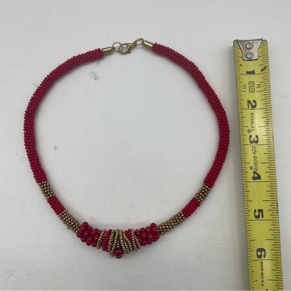 Kumihimo Japanese Beaded Choker Necklace Coral Red Gold Knot Handmade - Picture 6 of 10